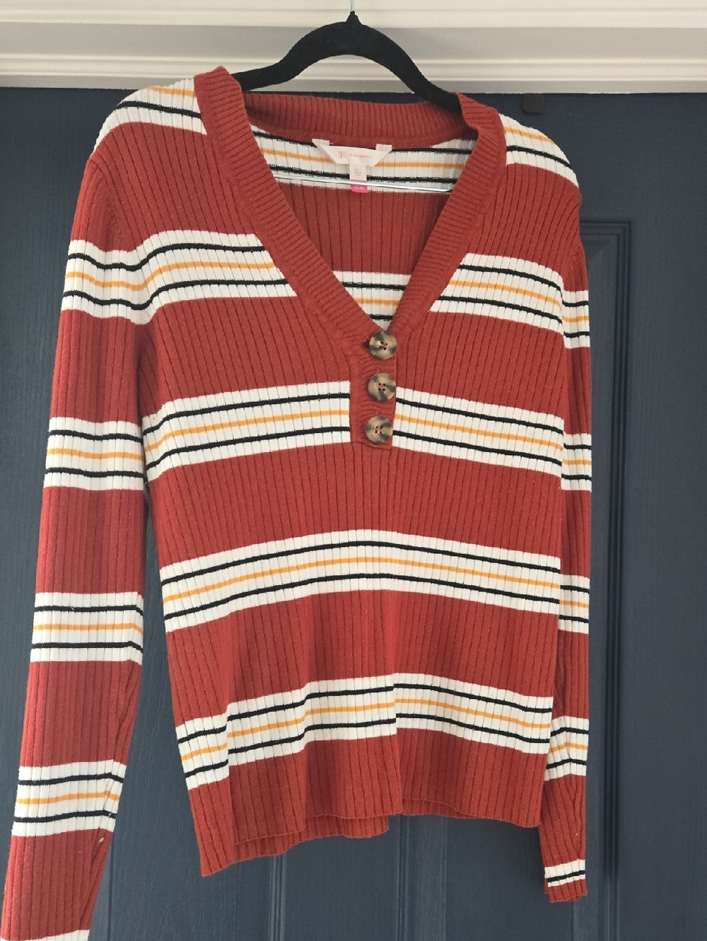 No Boundaries Rust Striped V-Neck Sweater with Button Placket
